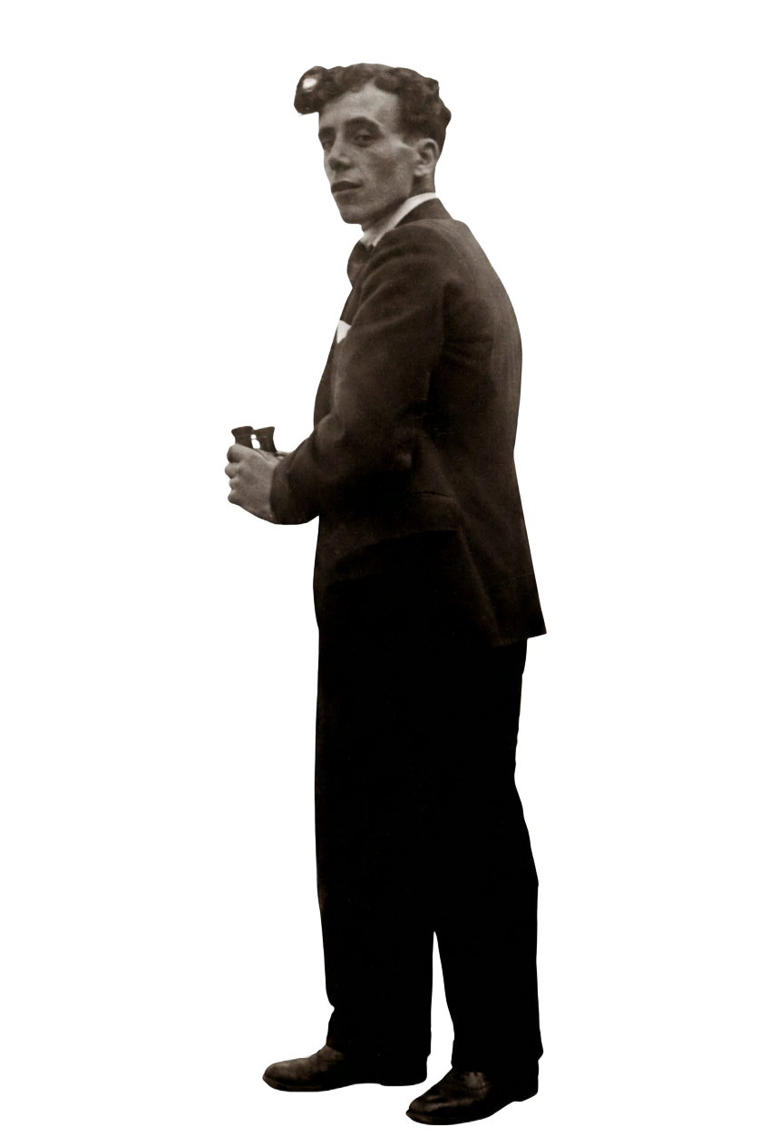 Sepia-toned portrait of a young man in a dark suit, looking over his shoulder — Seventh Stanine festival figure.